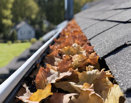 A professional gutter cleaning technician diligently removes leaves and debris from a home's gutter system, ensuring clear and functional gutters against a backdrop of colorful autumn foliage.