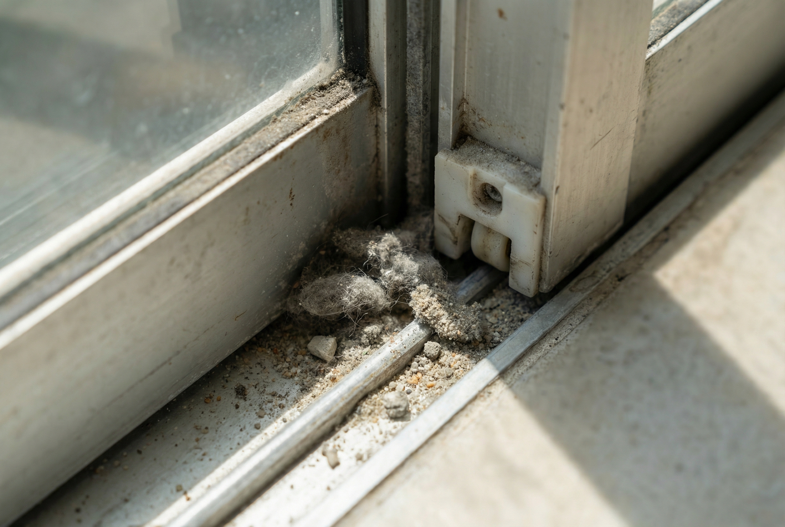 Macro view of a sliding door track filled with accumulated abrasive concrete dust and grit that damages rollers.