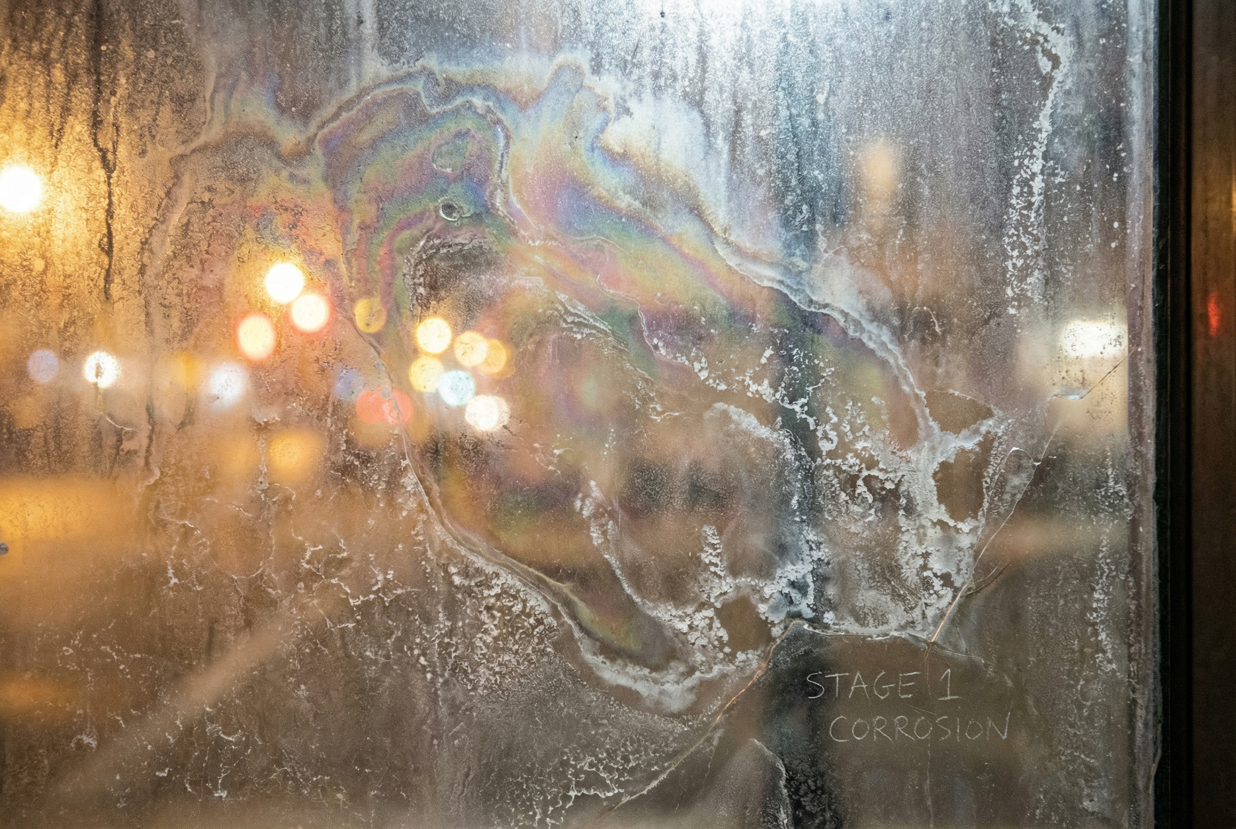 Close-up texture of glass showing Stage 1 corrosion with cloudy white deposits and iridescent rainbow staining caused by acid rain and alkaline residues.