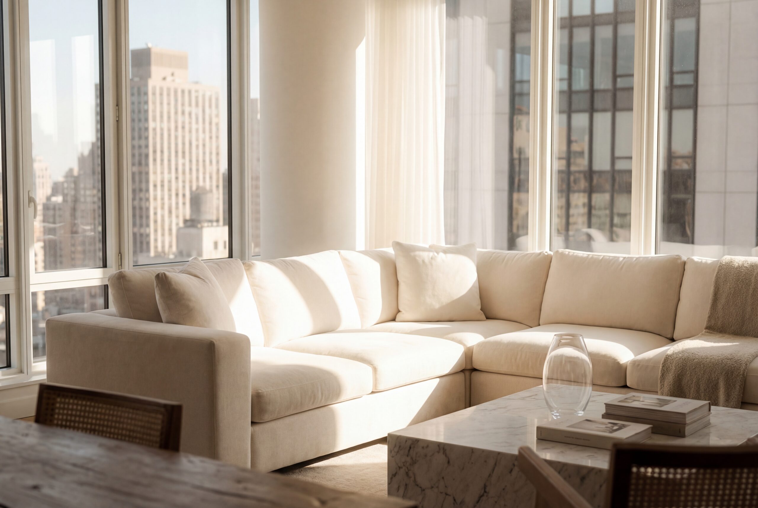 Split screen comparison showing an ivory sofa lit through dirty yellowed glass versus crystal clear windows restoring true natural light and color vibrancy.