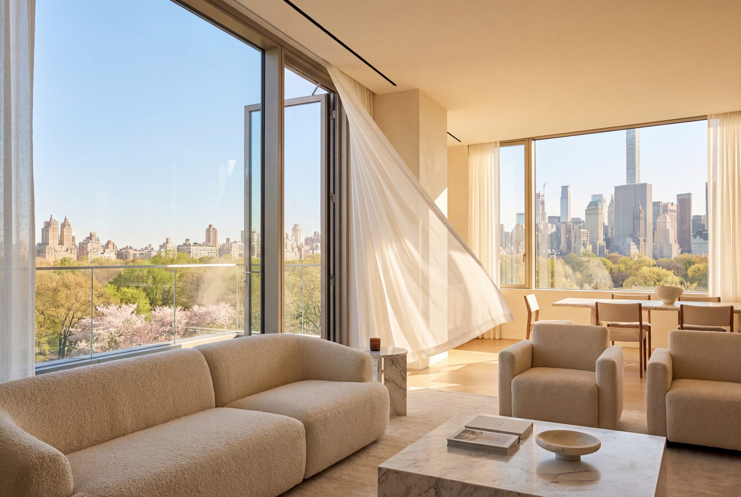 Luxury NYC penthouse interior with a floor-to-ceiling window cracked open, white curtains blowing in the spring breeze, and a view of the Manhattan skyline.