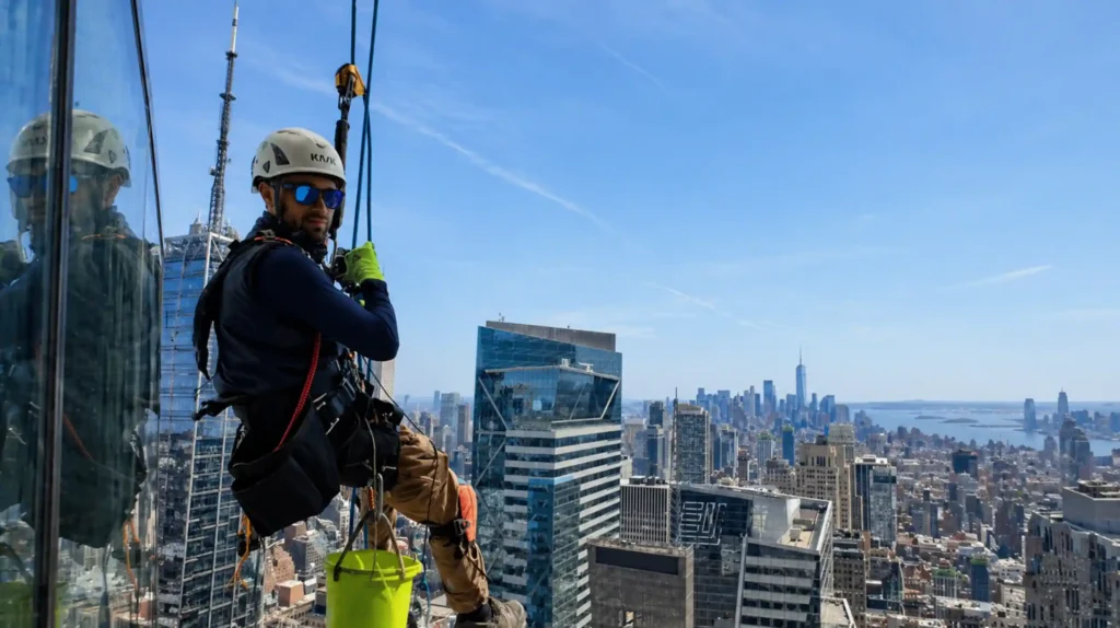 Rope access technician cleaning windows on a corporate high-rise building in Manhattan