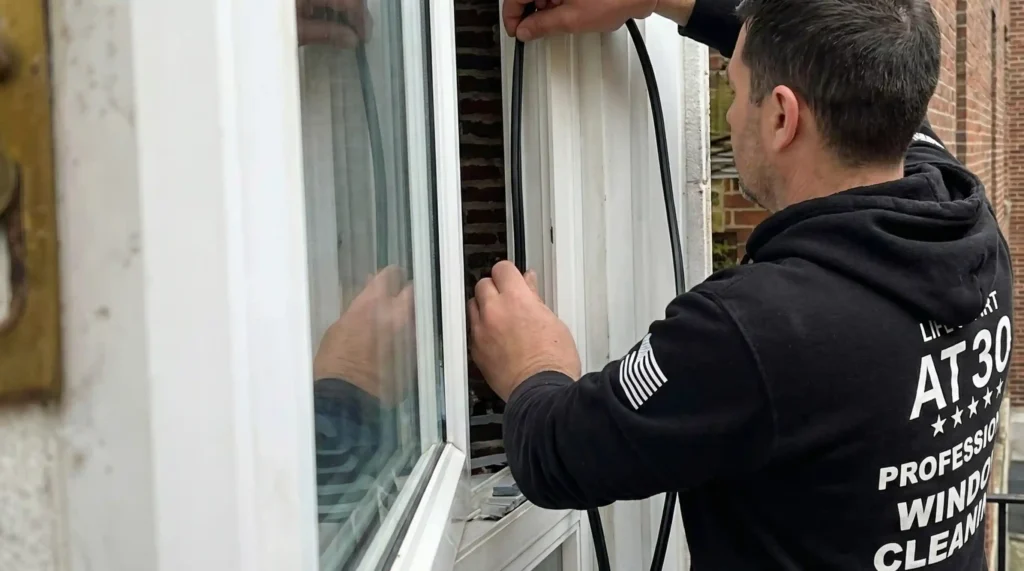 Big Apple Window Cleaning technician performing window rubber seal replacement on a New York apartment window