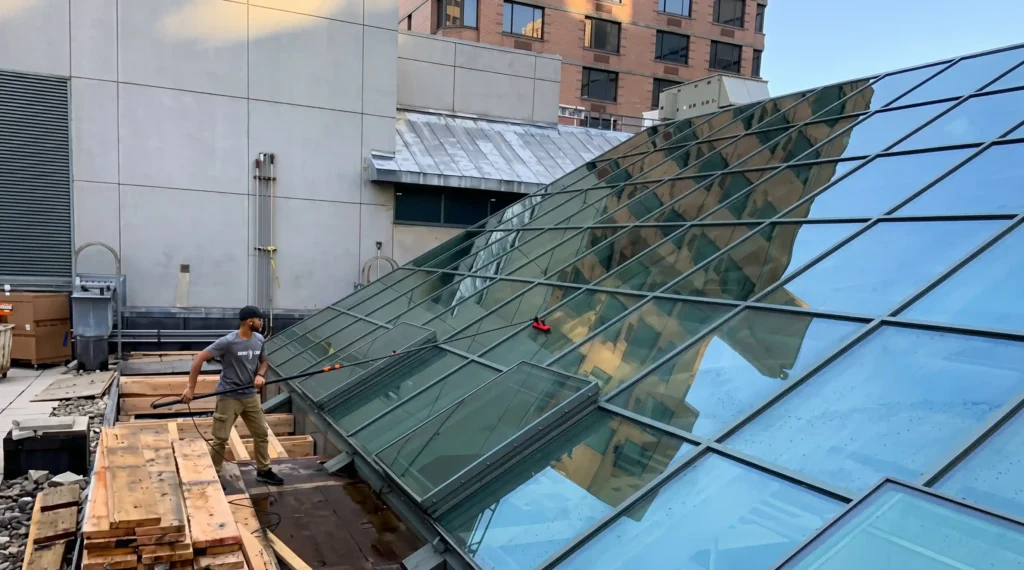 BAWC technician washing commercial skylight glass with a water-fed pole