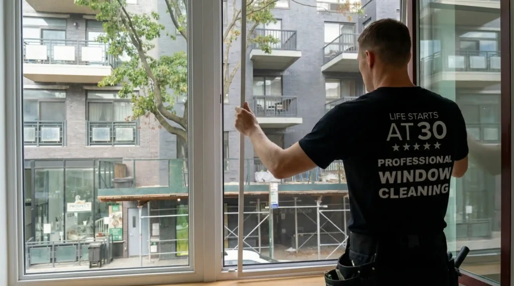 Professional technician installing a window screen in an NYC apartment, part of Big Apple Window Cleaning window screen repair and replacement service