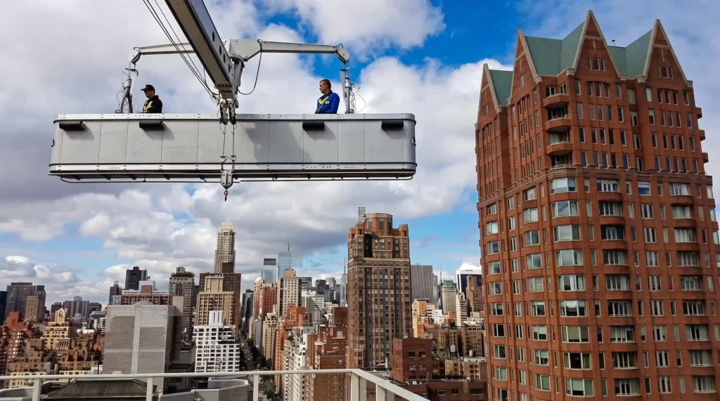 Building maintenance unit platform used for high rise window cleaning above Manhattan