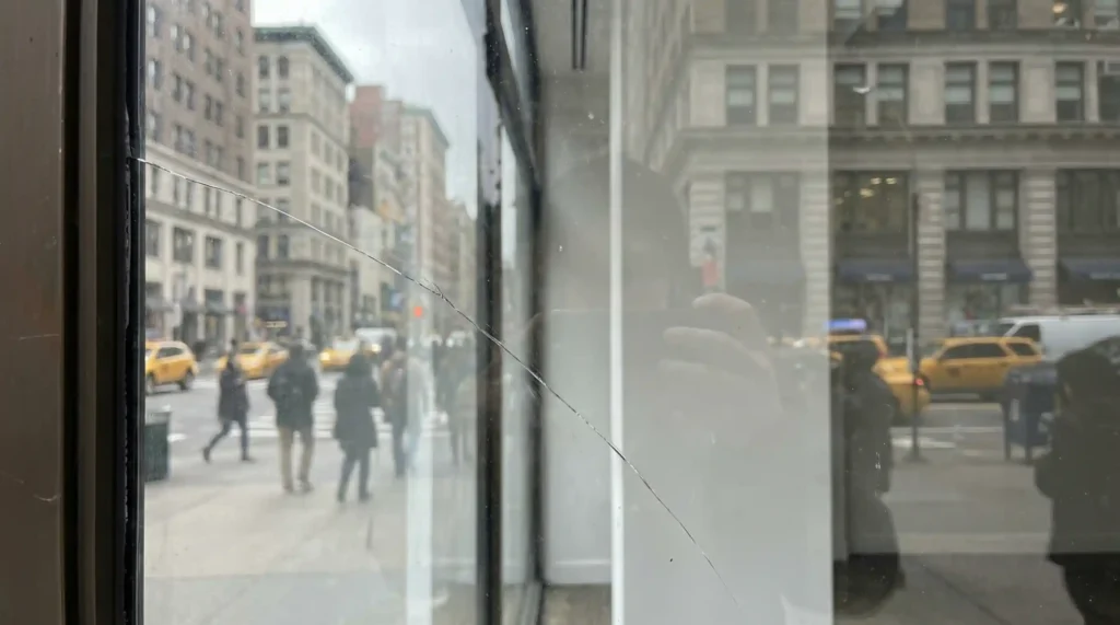 Broken window glass in a commercial building in New York