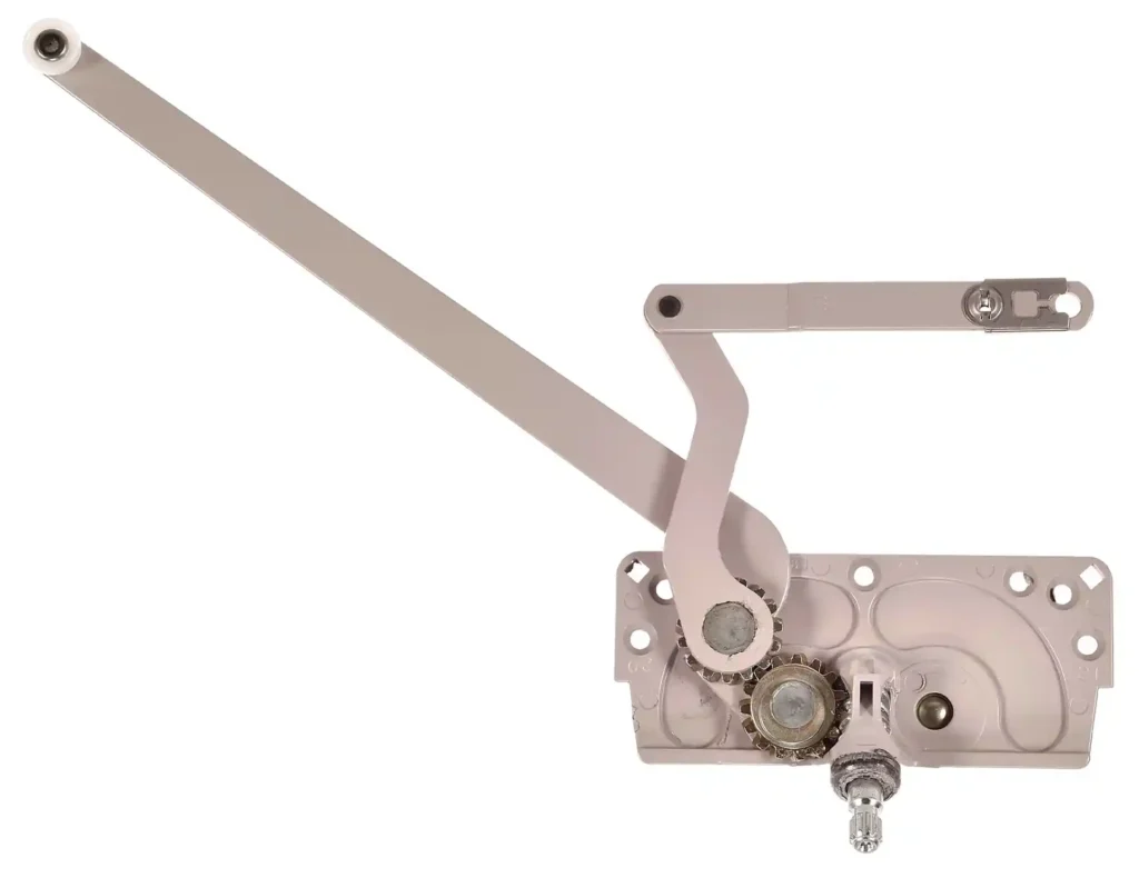 Casement window crank operator mechanism with arms, gears, and mounting plate