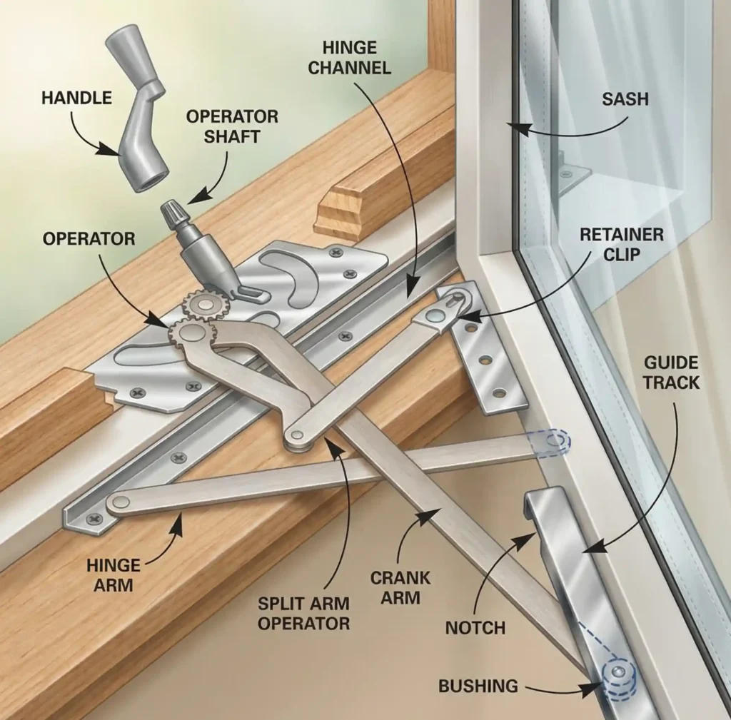 Diagram showing casement window crank mechanism parts including handle, operator shaft, crank arm, and guide track