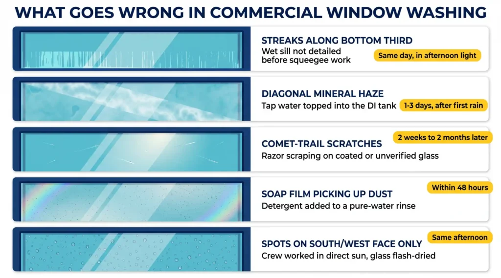 Infographic showing common commercial window washing problems including streaks, mineral haze, scratches, soap film, and water spots