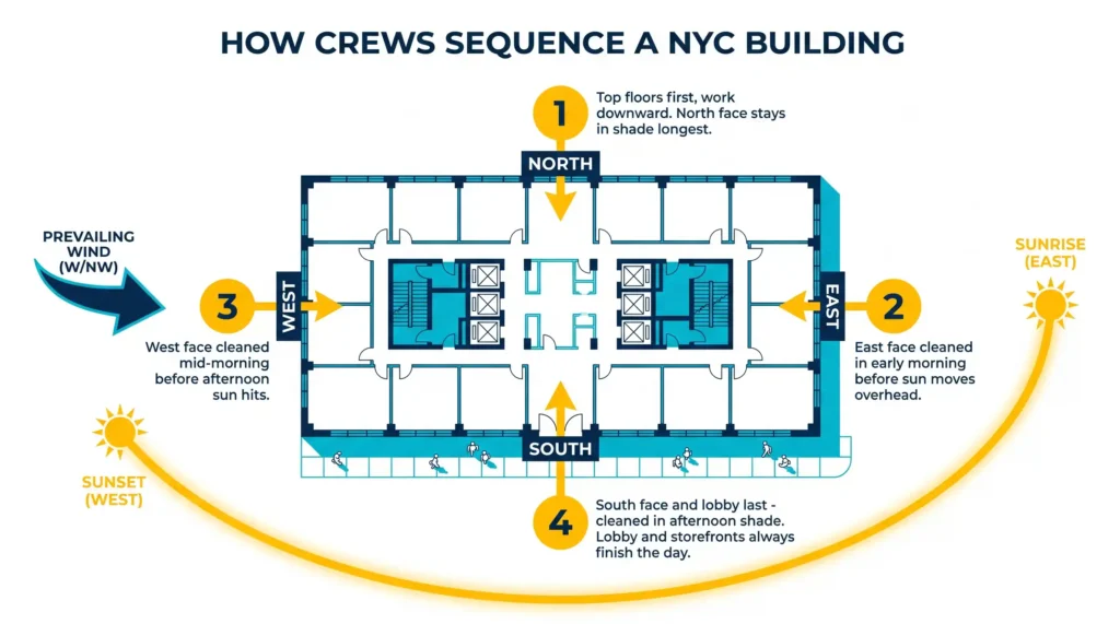 Infographic showing how commercial window washing crews sequence a New York City building by sun, shade, wind, and facade direction