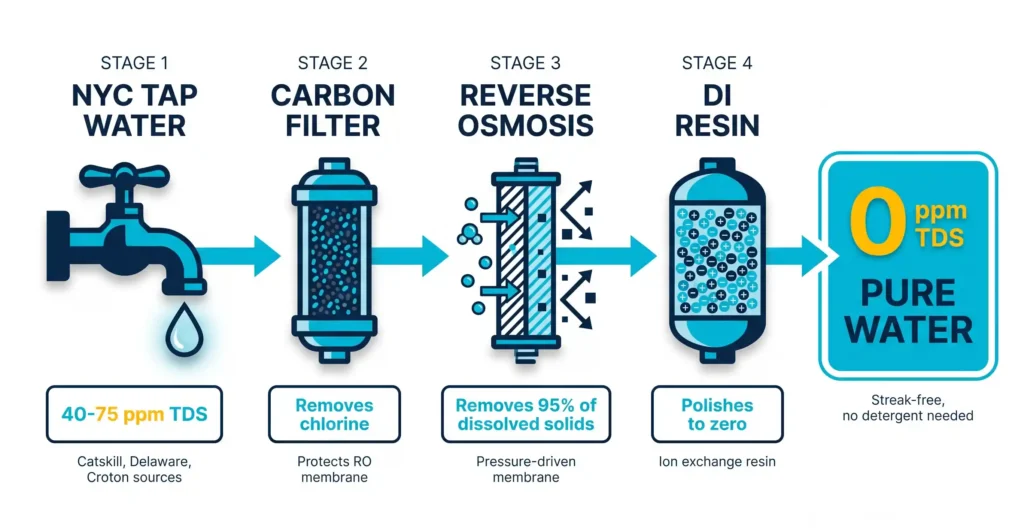 Infographic showing pure water filtration for commercial window washing with carbon filter, reverse osmosis, and DI resin