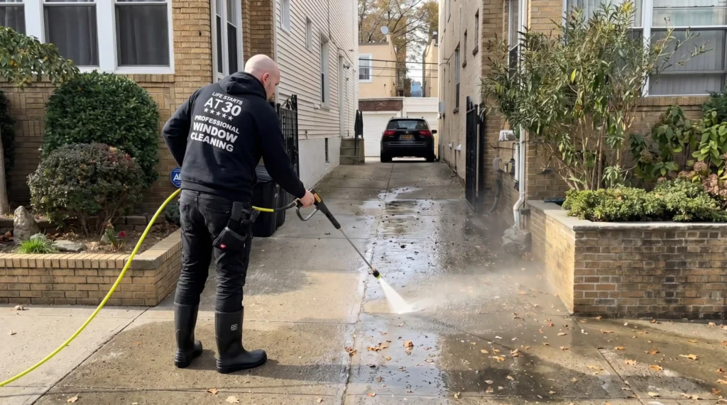 Technician from Big Apple Window Cleaning company power washing a residential driveway in New York