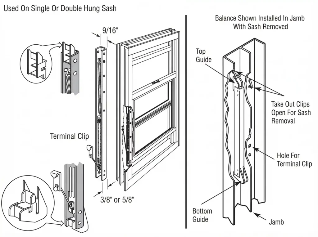 Window balance spring installation diagram for single-hung and double-hung sash