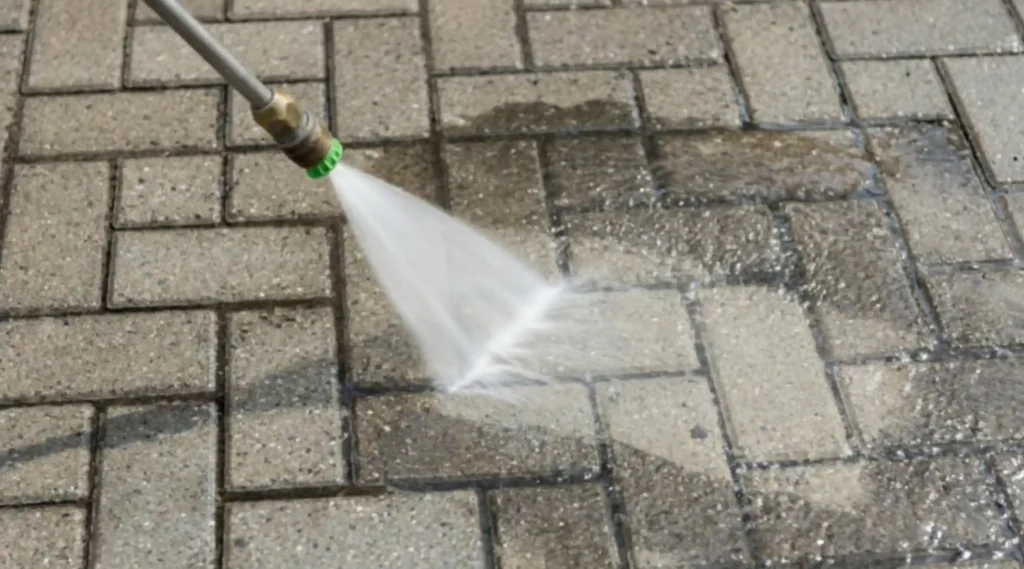 Pressure washing paver driveway surface to remove dirt and stains