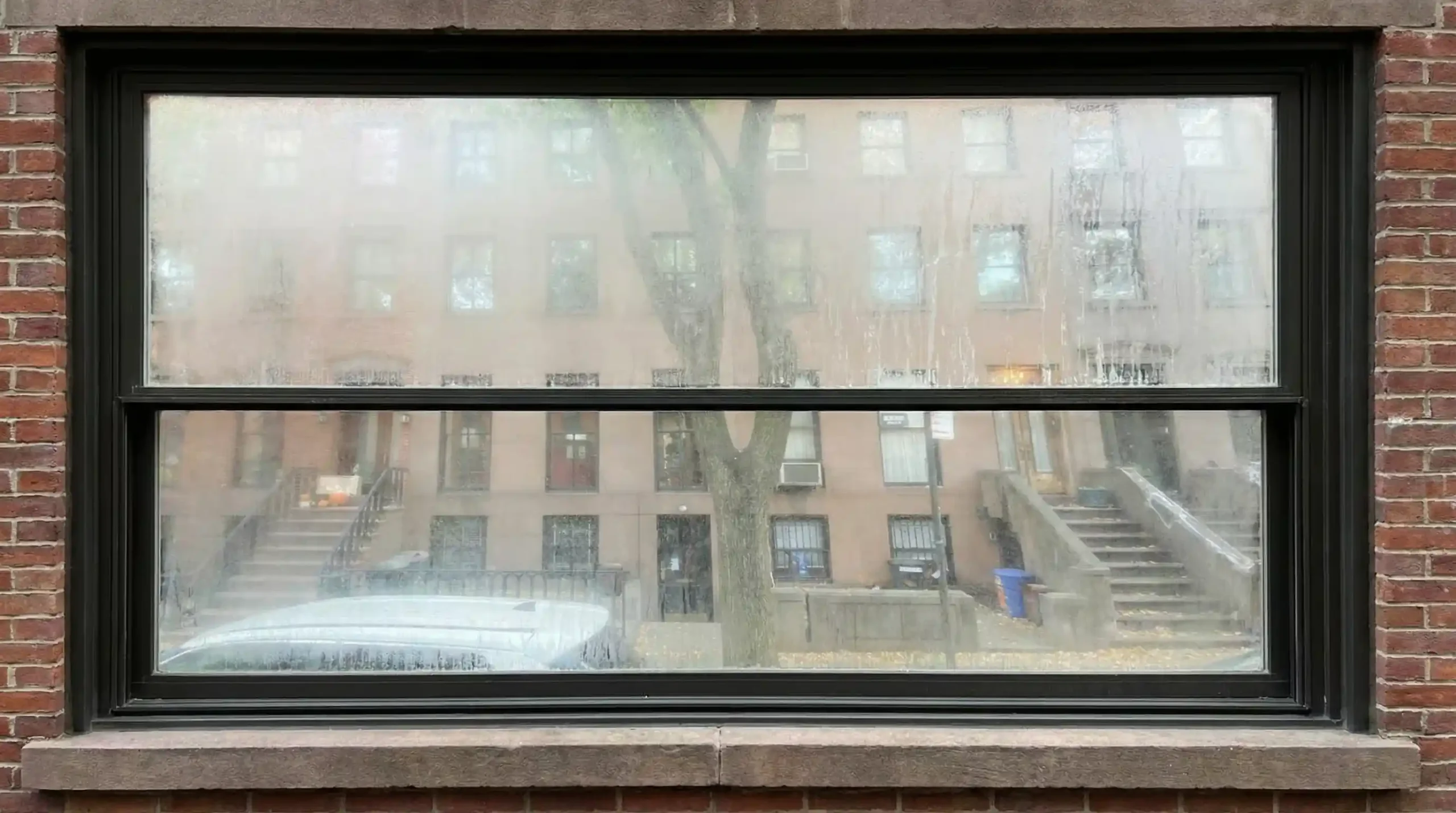 Cloudy window glass with condensation trapped between the panes