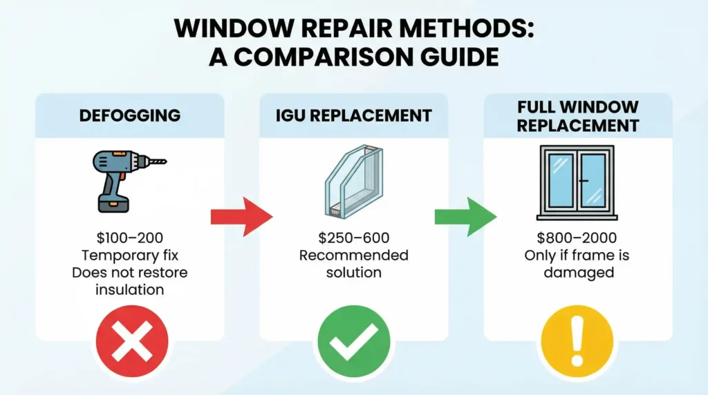 Comparison of foggy window repair methods including defogging, IGU replacement, and full window replacement