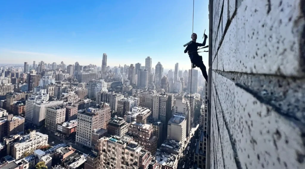 Rope access technician cleaning high rise windows above Manhattan