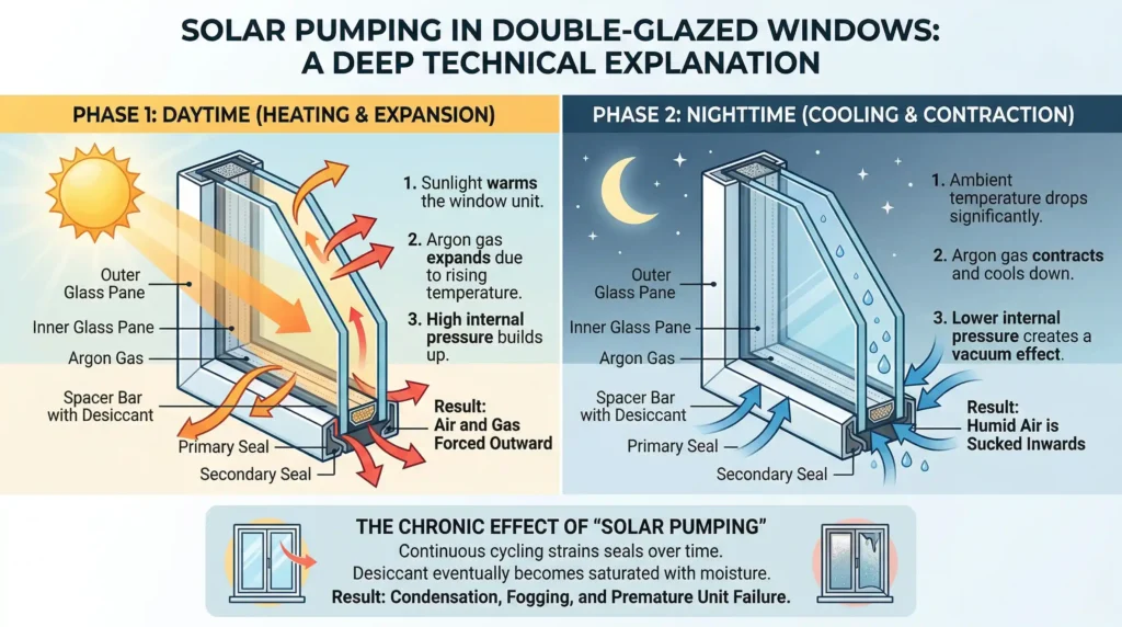 Technical diagram explaining solar pumping and seal failure in double-glazed windows