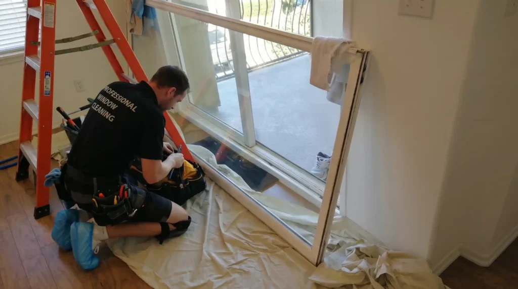 Big Apple Window Cleaning technician replacing sliding door roller wheels on a glass patio door in a New York apartment