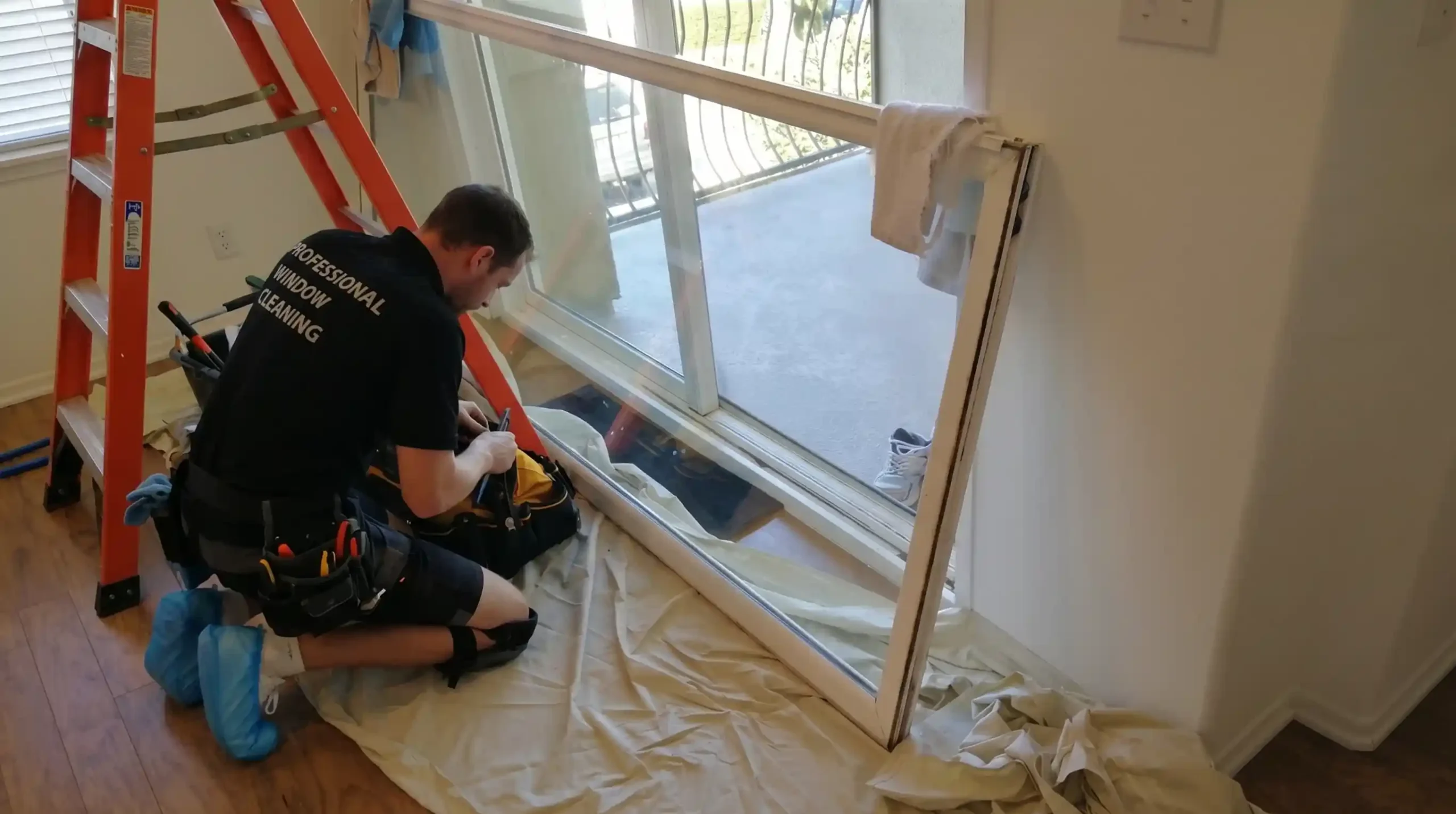 Big Apple Window Cleaning technician replacing sliding door roller wheels on a glass patio door in a New York apartment