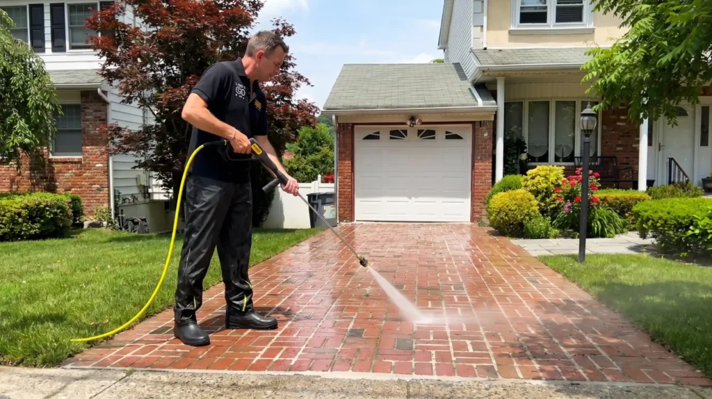 Big Apple Window Cleaning company technician pressure washing a brick driveway in front of a residential home