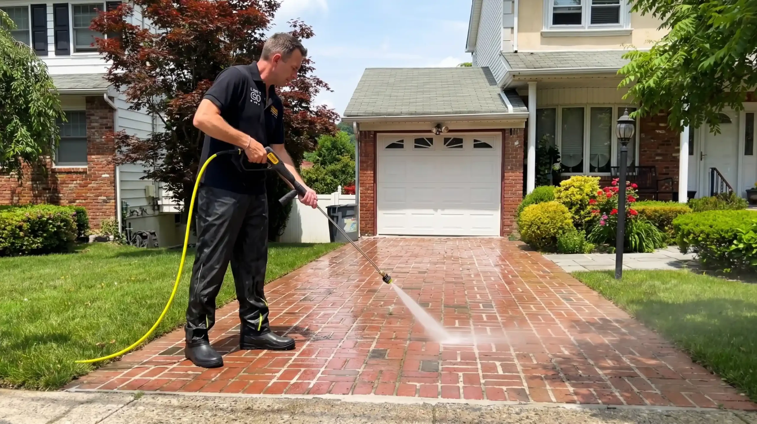 Big Apple Window Cleaning company technician pressure washing a brick driveway in front of a residential home