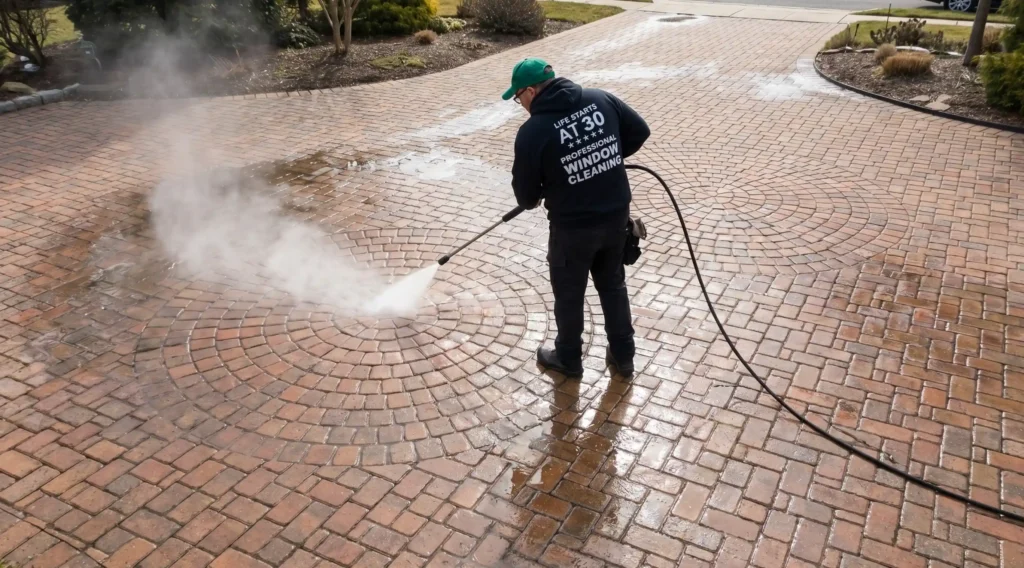 Technician power washing a large brick paver driveway with heated water
