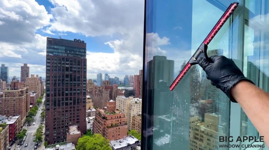 Big apple window cleaning company technician cleaning a high rise window with a squeegee above Manhattan