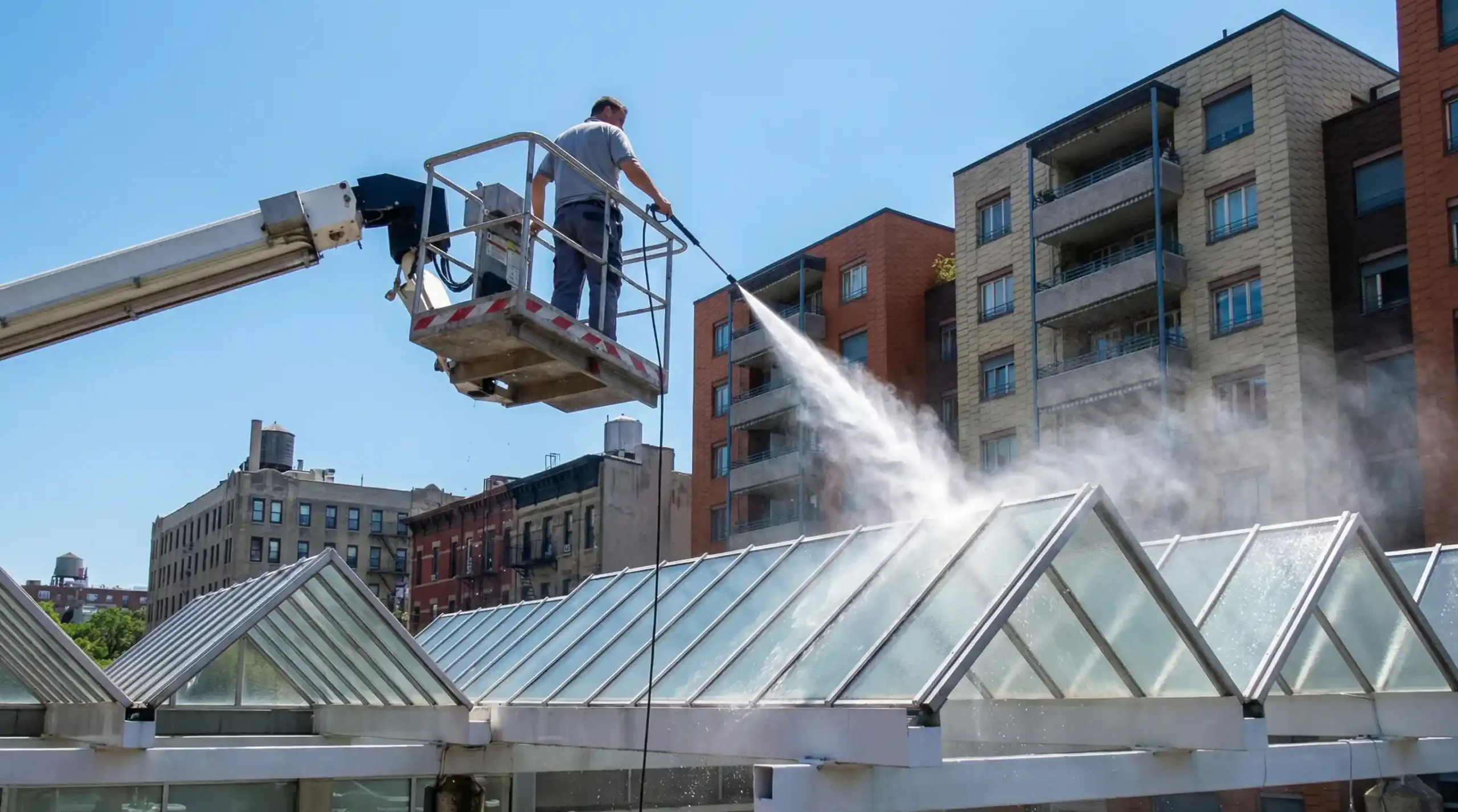 Technician pressure washing glass skylights from an aerial boom lift above a Manhattan rooftop