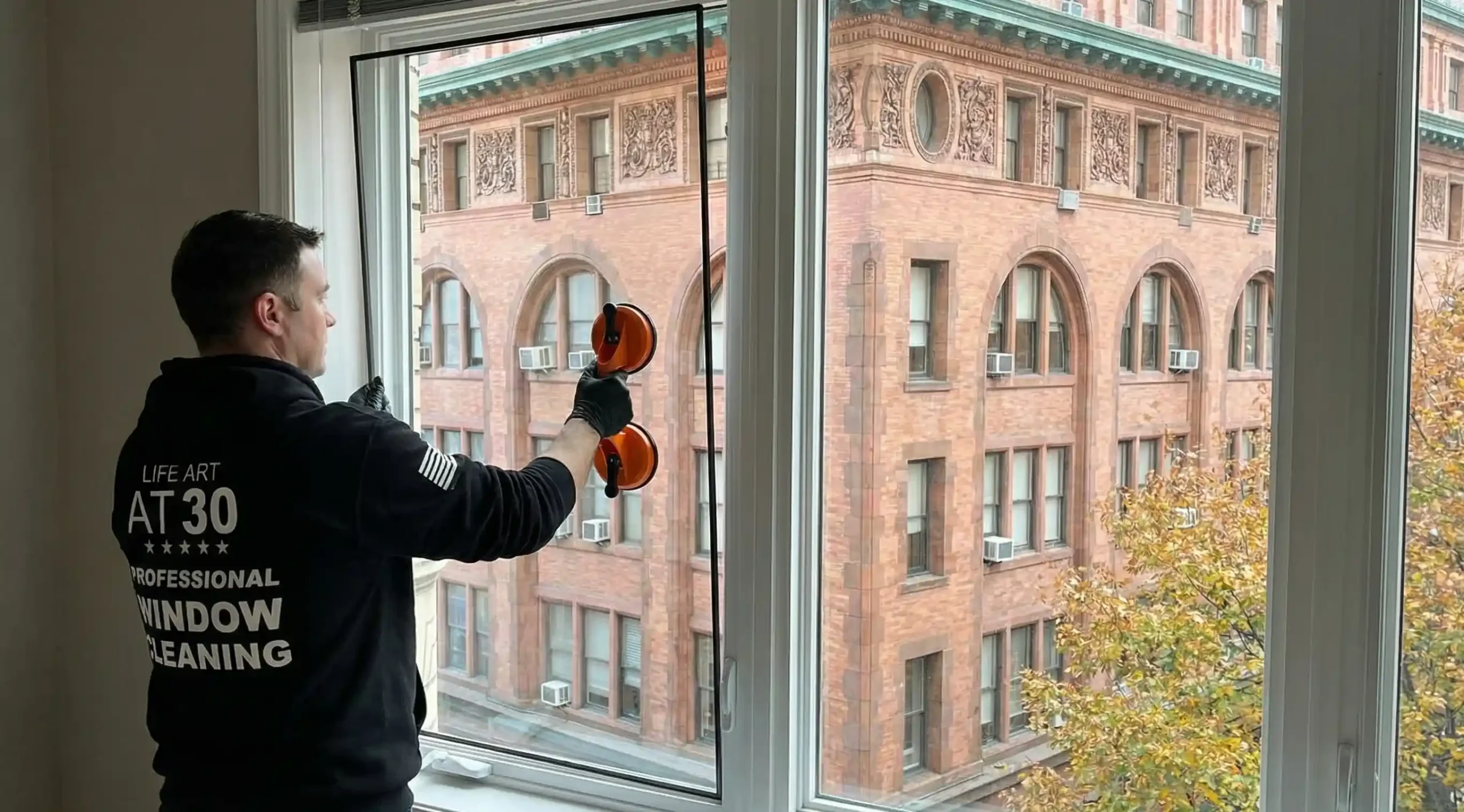 Big Apple Window Cleaning technician removing a double pane glass unit with suction cups during window glass replacement