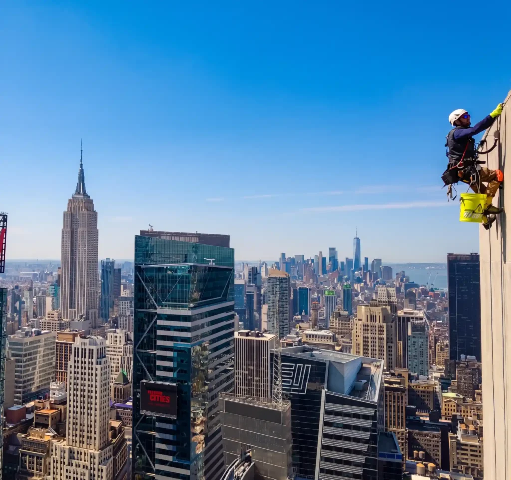 Rope access window cleaning technician working high above the Manhattan skyline
