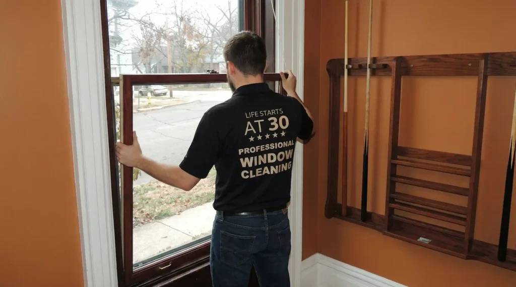 Big Apple Window Cleaning technician removing the sash to repair a double hung window in a New York home