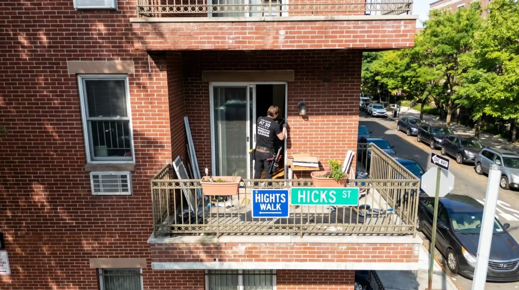 Big Apple Window Cleaning technician replacing a sliding door lock on a balcony door in Brooklyn