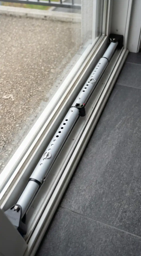 Security bar installed in the track of a sliding glass door