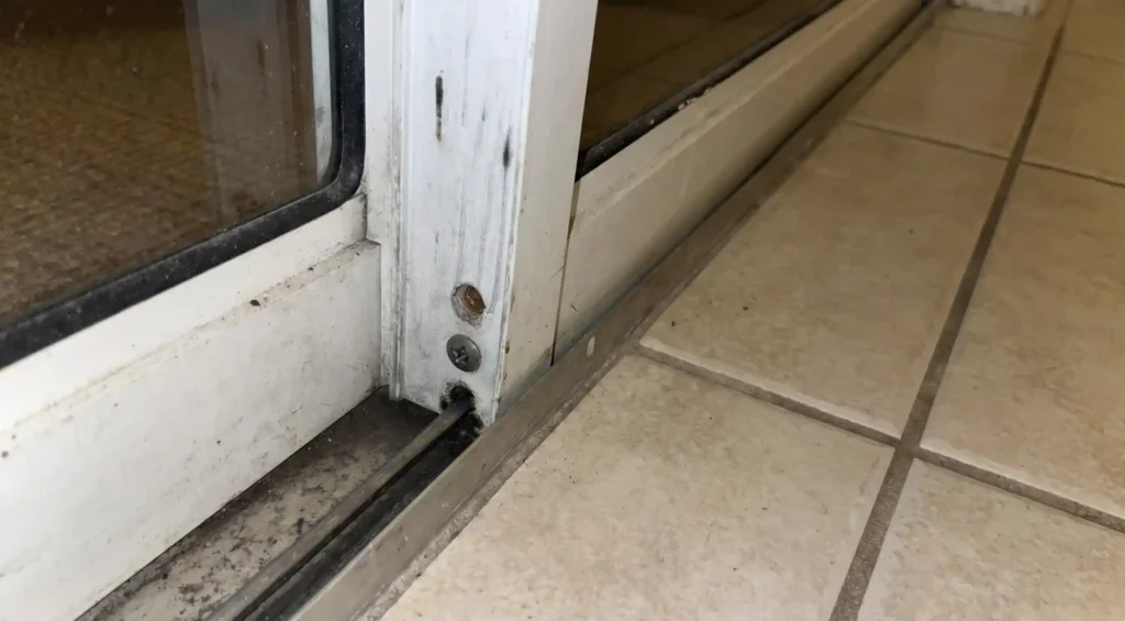 Dirty sliding door track and roller adjustment screw at the base of a sliding glass door
