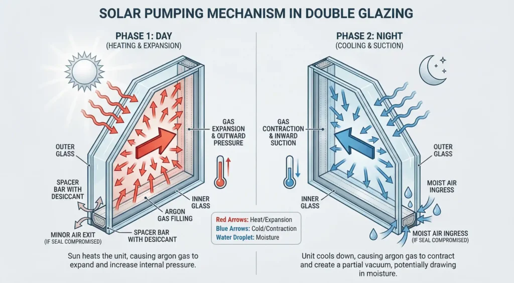 Diagram showing solar pumping and seal failure in double-glazed windows