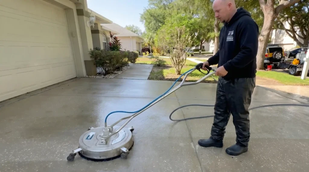 Big Apple Window Cleaning company technician using a surface cleaner attachment for concrete driveway pressure washing
