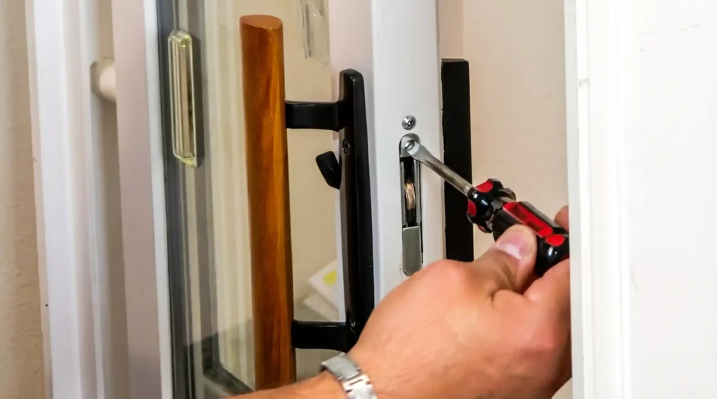 Technician removing a sliding door lock mechanism with a screwdriver