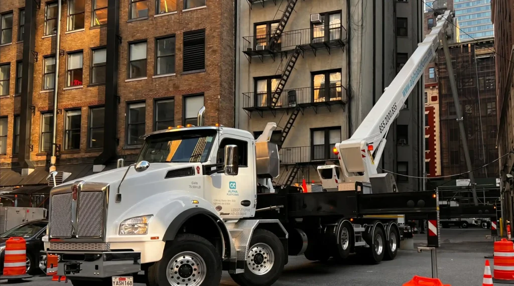 Truck-mounted aerial lift set up for high-rise window cleaning on a New York City street