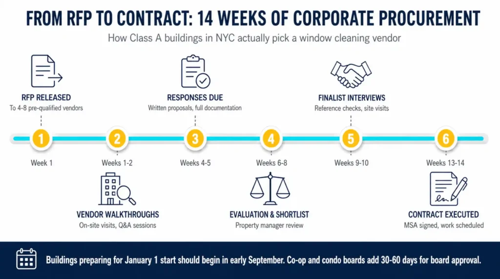 Infographic showing a 14-week RFP procurement timeline for corporate window cleaning in NYC Class A buildings