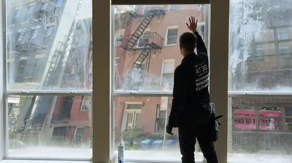 Big Apple Window Cleaning company technician inspecting foggy windows with failed insulated glass seals