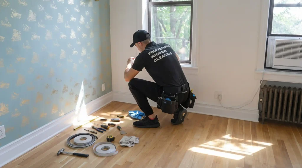 BAWC technician working on window spring replacement in a New York apartment.