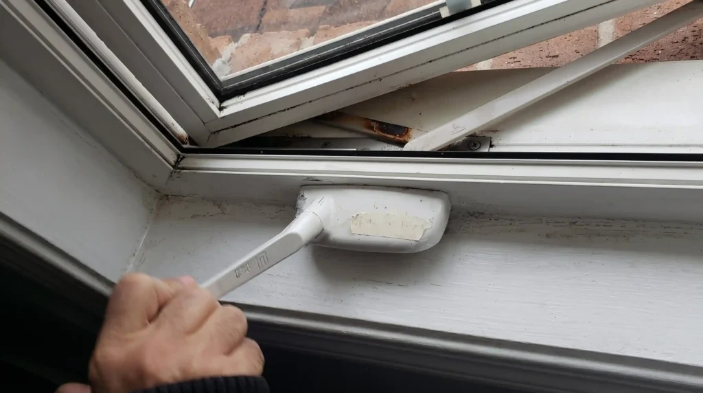 Hand turning a worn casement window crank mechanism on an open window