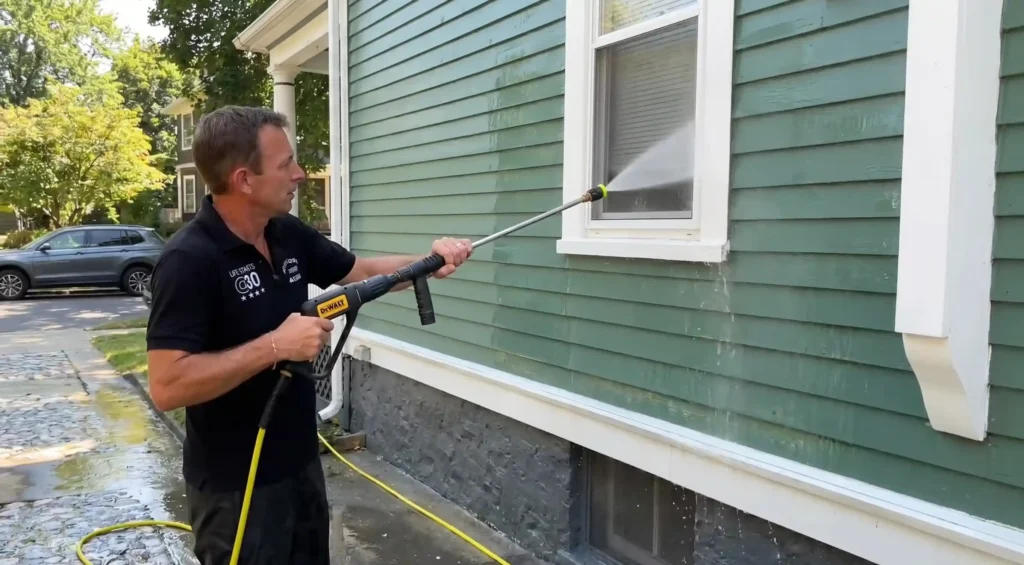 A technician from Big Apple Window Cleaning company rinses a residential window and green painted wood siding with a pressure washer.