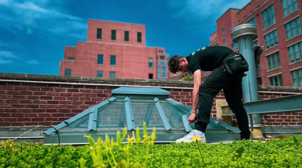 Big Apple Window Cleaning company technician cleaning a pyramid skylight on a green roof in New York City with brick buildings in the background