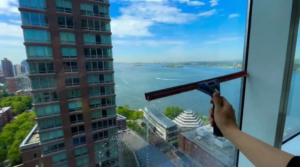 Professional window cleaner using a squeegee on a high-rise window with Hudson River and Battery Park City view in Manhattan