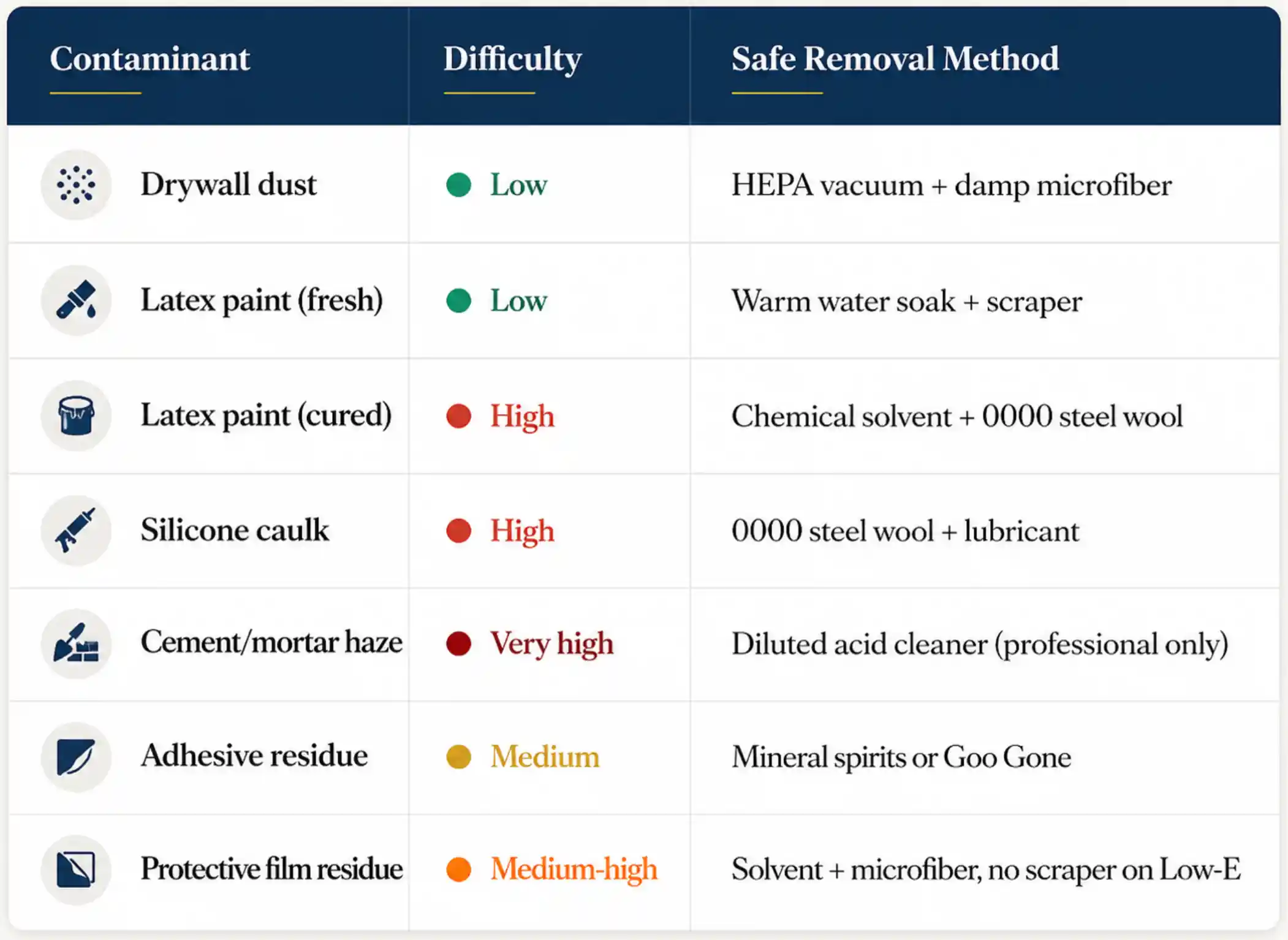 Table showing post-construction window contaminants, difficulty levels, and safe removal methods for New York City homeowners
