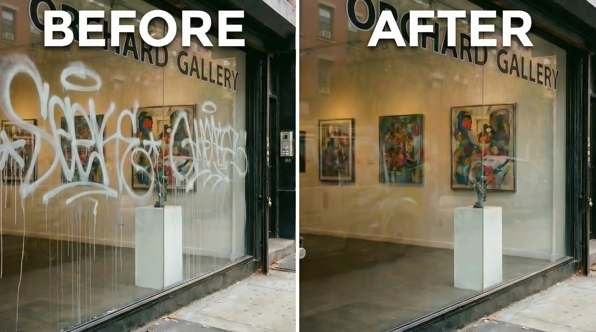 Before and after graffiti removal from an art gallery storefront window on the Lower East Side of Manhattan