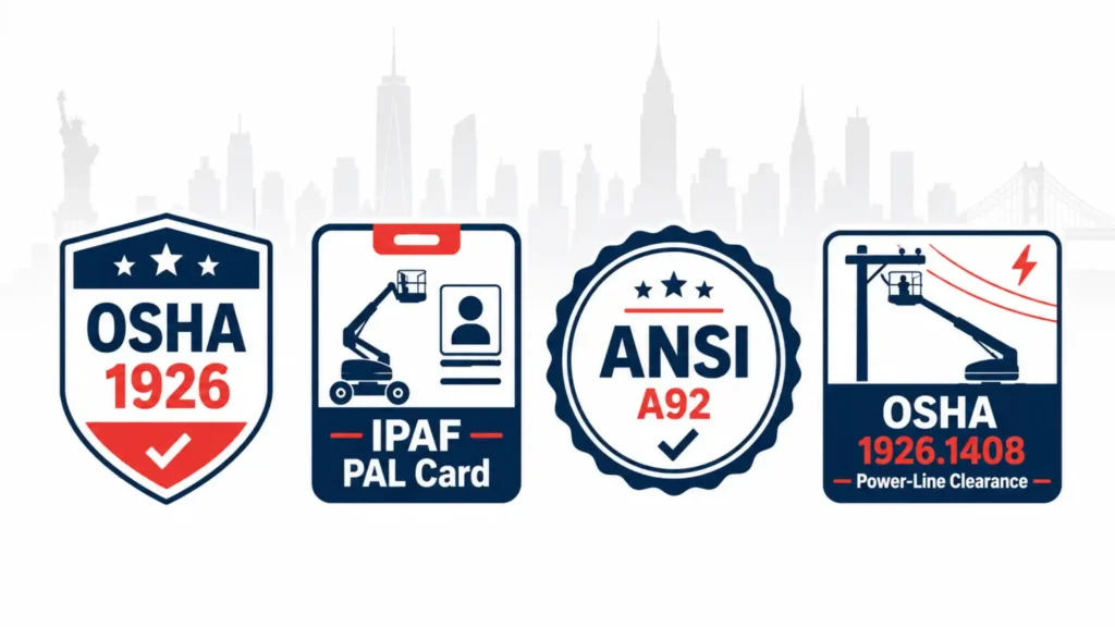 Row of boom lift operator certification badges - OSHA 1926, IPAF PAL Card, ANSI A92 and OSHA 1926.1408 power-line clearance - on a New York skyline backdrop